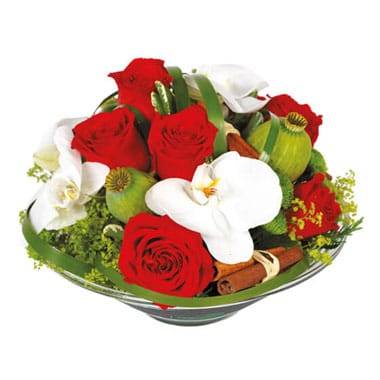 L'Agitateur Floral | image de la composition de roses rouges et orchidées blanches Perle de Rose