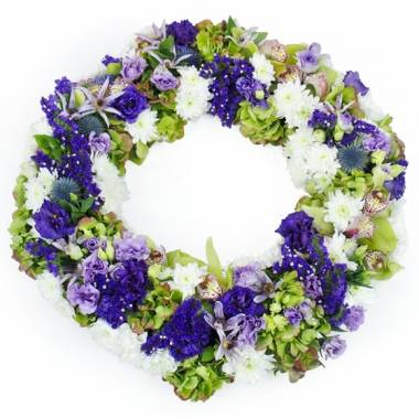 Image de fleur Couronne de fleurs bleues, mauves & blanches Kyrios