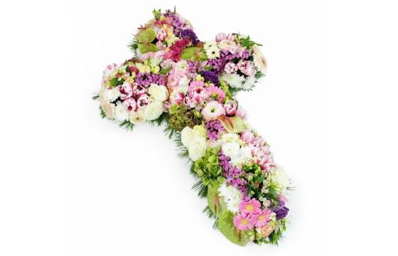Croix de deuil de fleurs blanches & roses Céphale