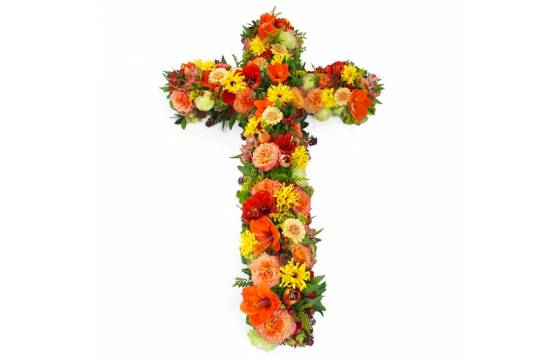 Grande croix de fleurs rouges, oranges & jaune Céléos