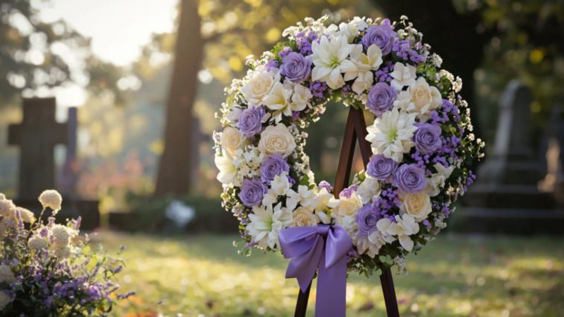 Couronne funéraire de fleurs blanches et violettes