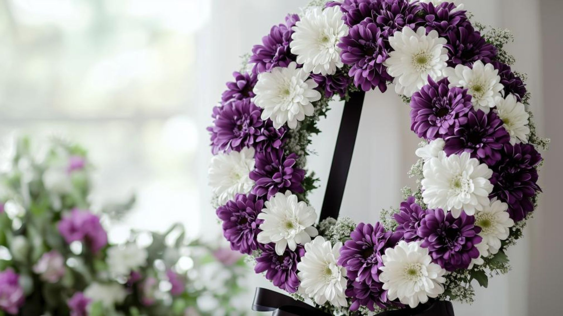 Gerbe de fleurs de deuil avec des chrysanthèmes mauves et blancs