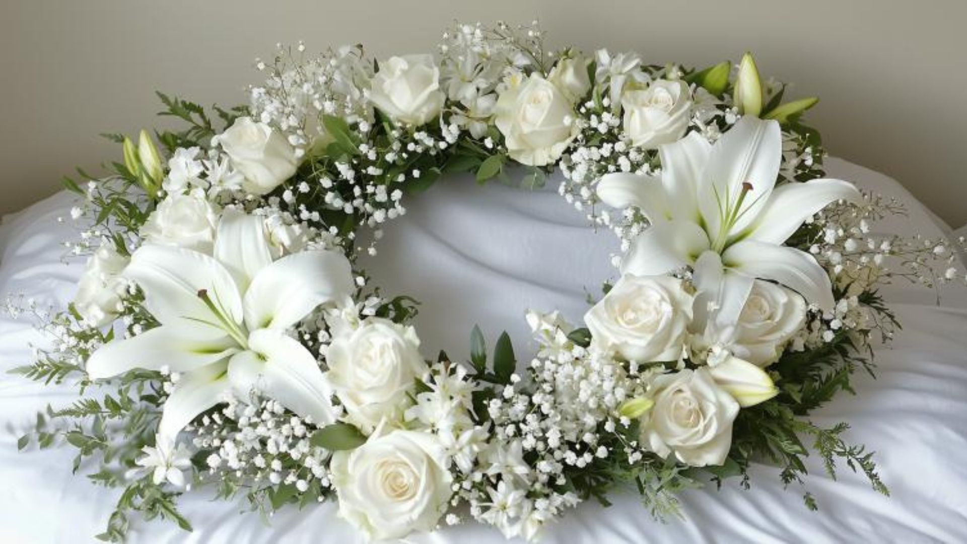 Couronne de fleurs blanches pour l'enterrement d'un enfant avec des lys et des roses