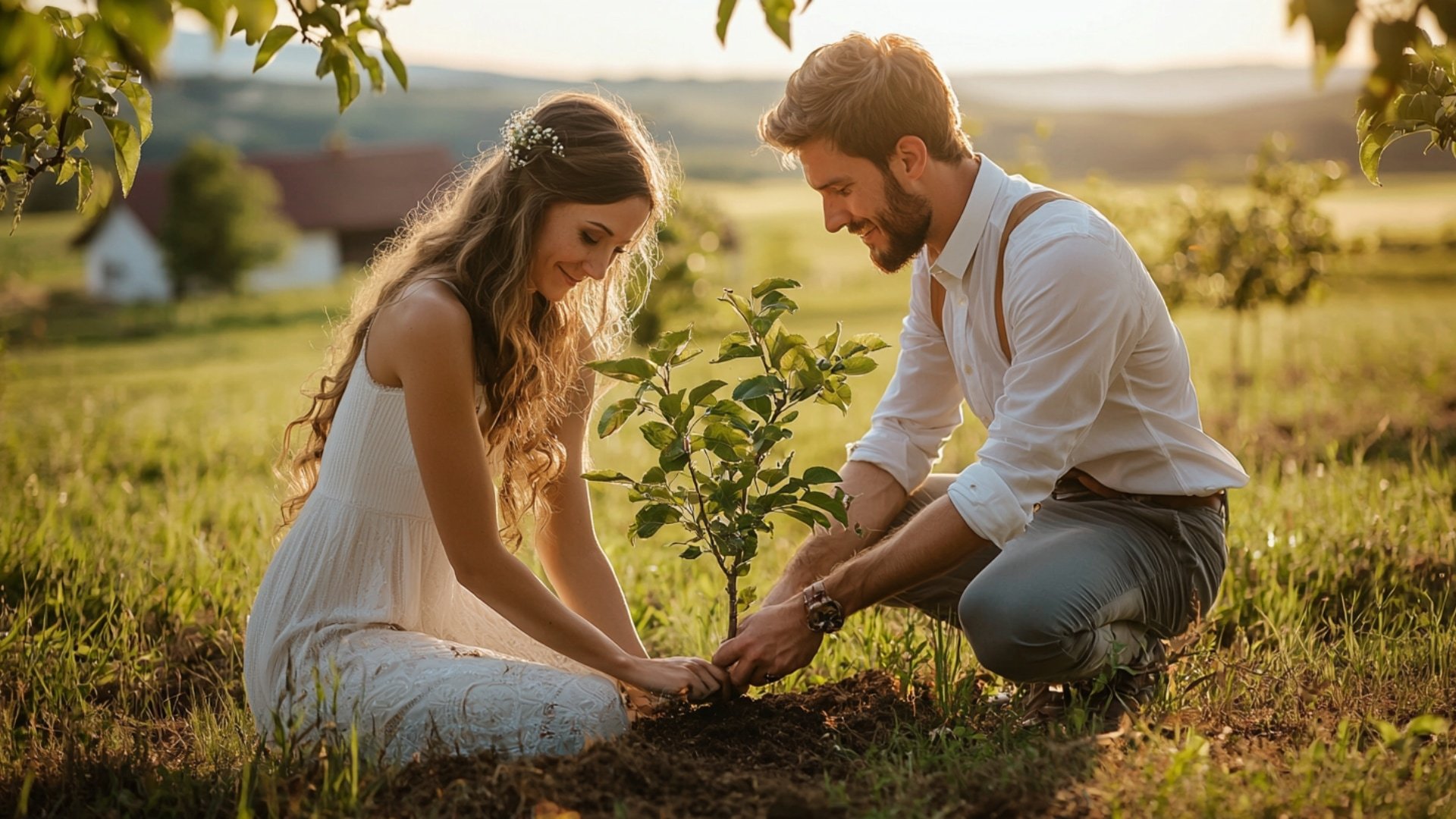 Jeunes mariés plantant ensemble un pommier symbolique