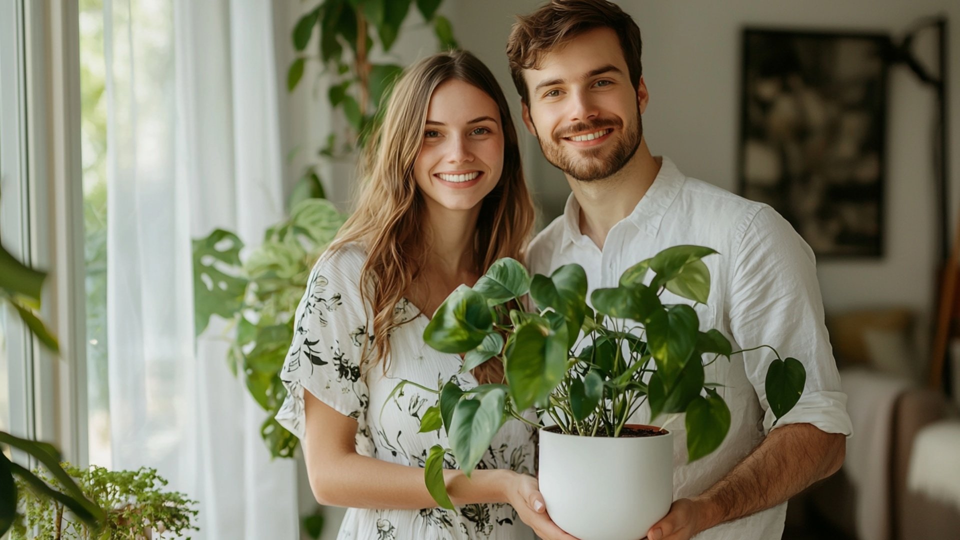 Mariés tenant une plante d'intérieur comme cadeau de mariage