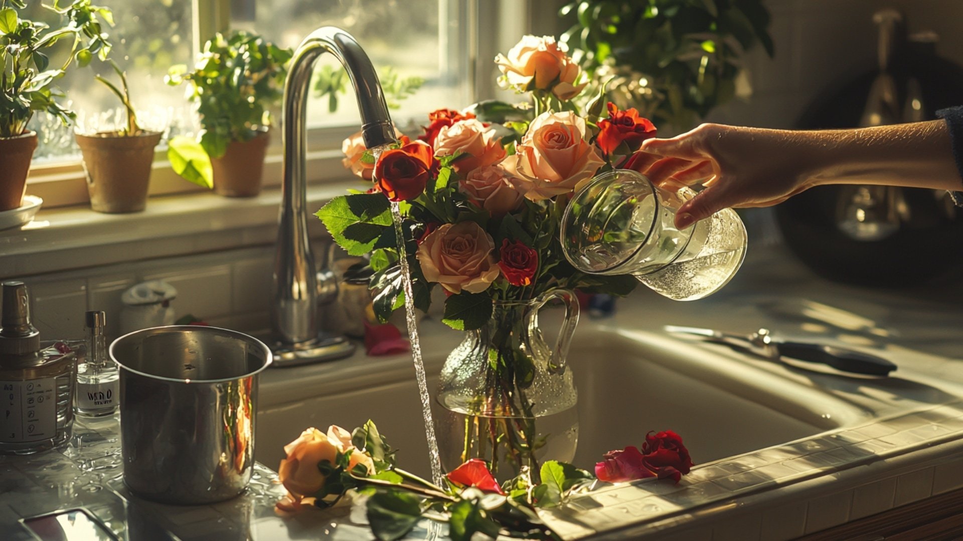 Entretien d'un bouquet : changement d'eau et recoupe des tiges