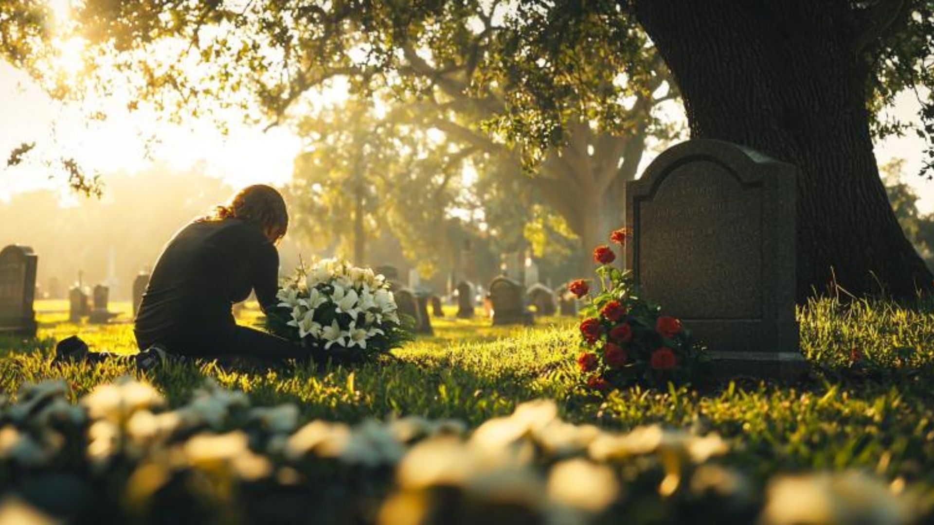 Fleurs déposées sur une tombe lors d'une visite au cimetière