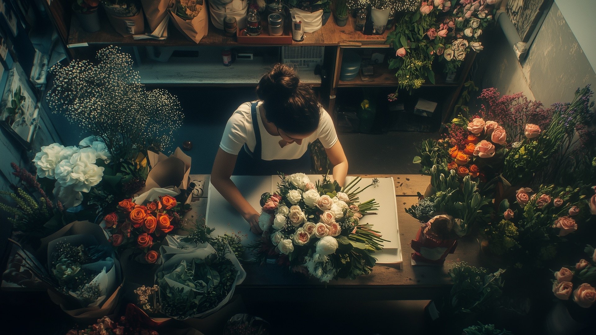 Fleuriste préparant un bouquet de mariée personnalisé