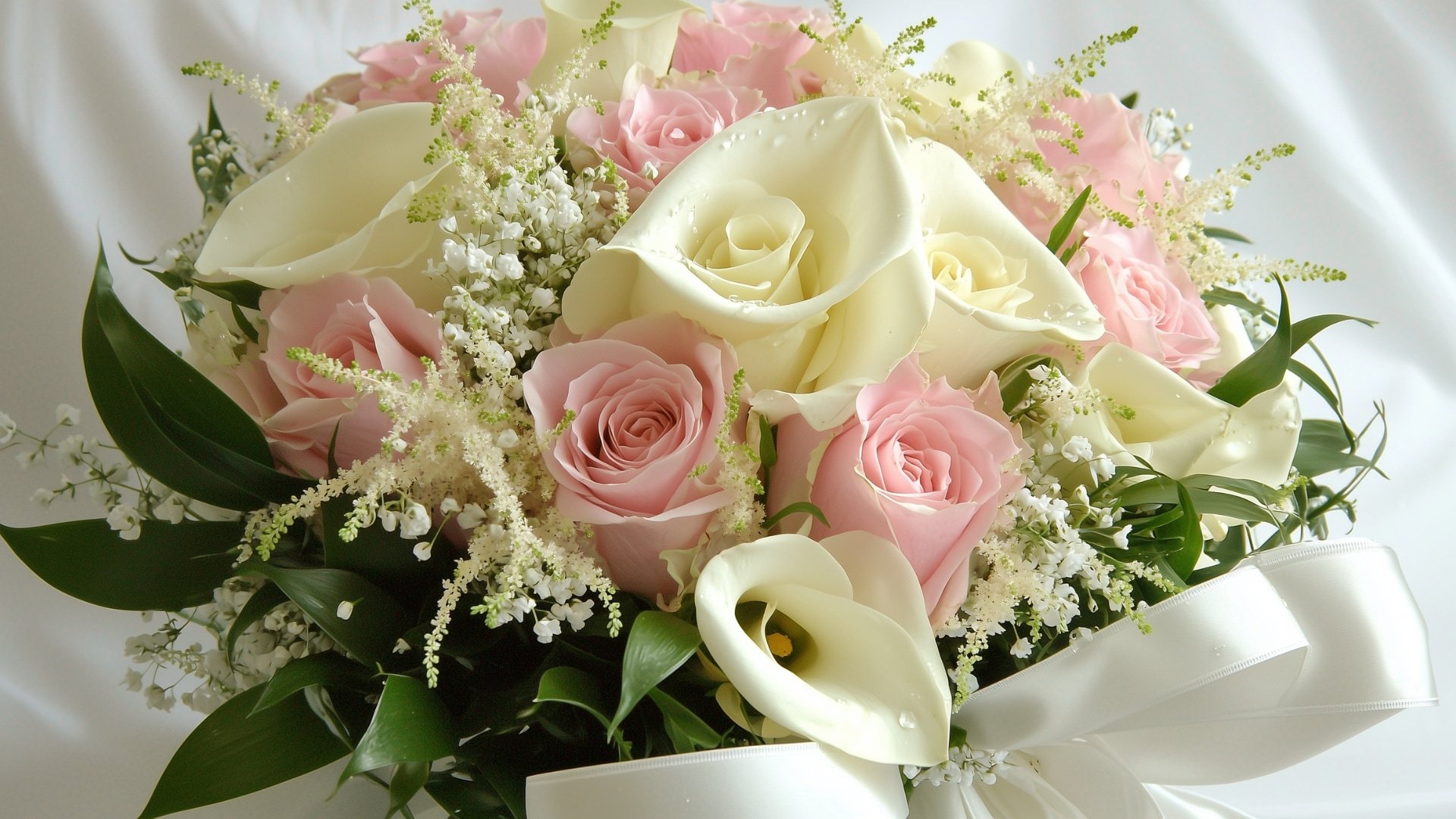 Gros plan sur un bouquet de mariée avec des roses et du feuillage