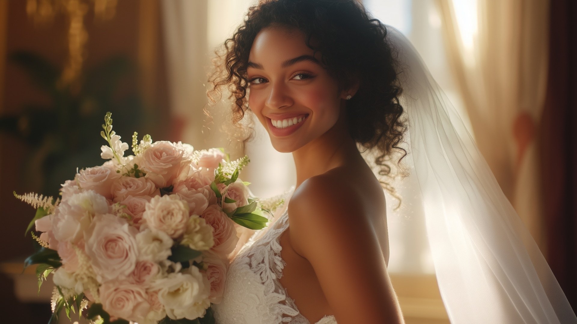 Mariée avec un bouquet de fleurs fraîches assorties à sa robe