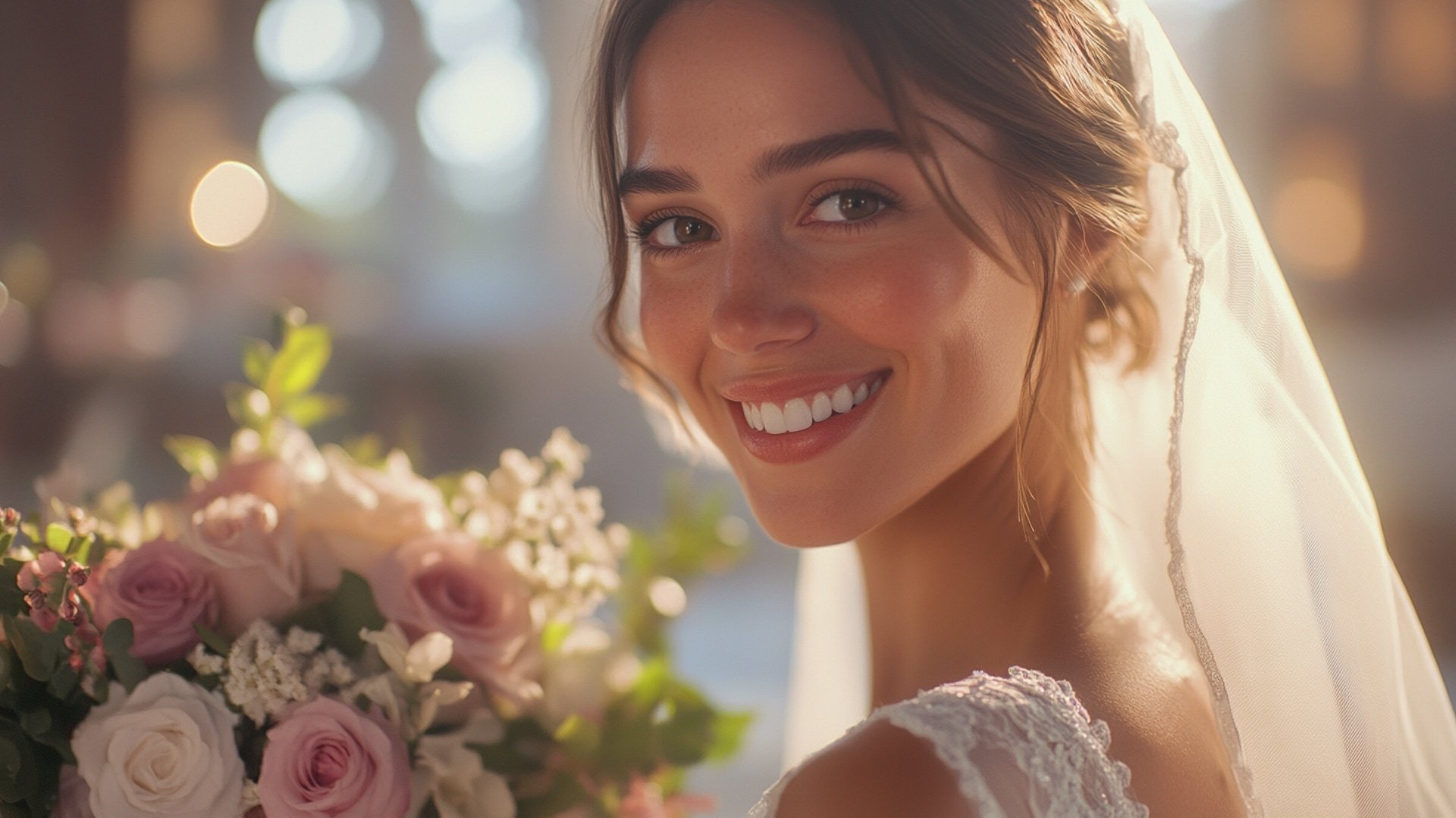 Mariée heureuse le jour de son mariage avec son bouquet 