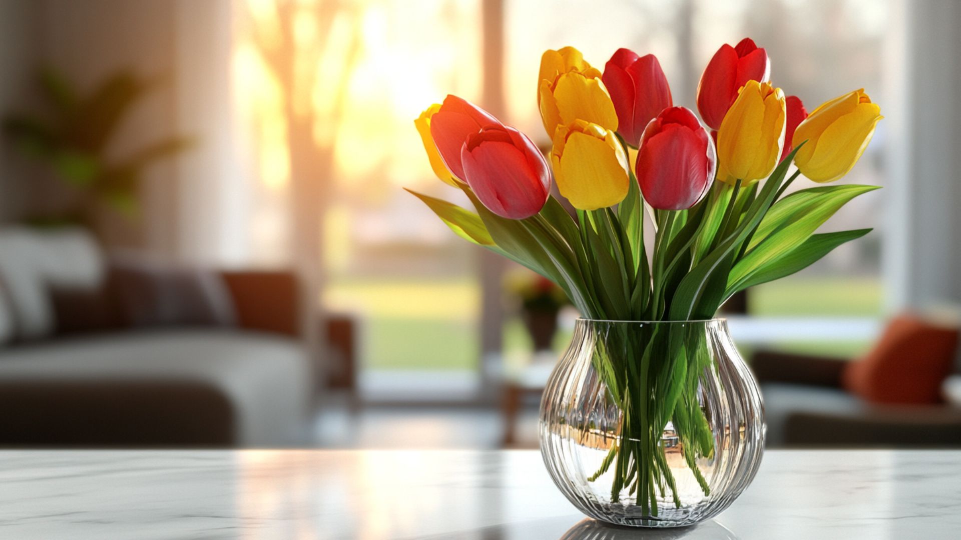 Bouquet de tulipes rouges et jaunes dans un vase élégant.