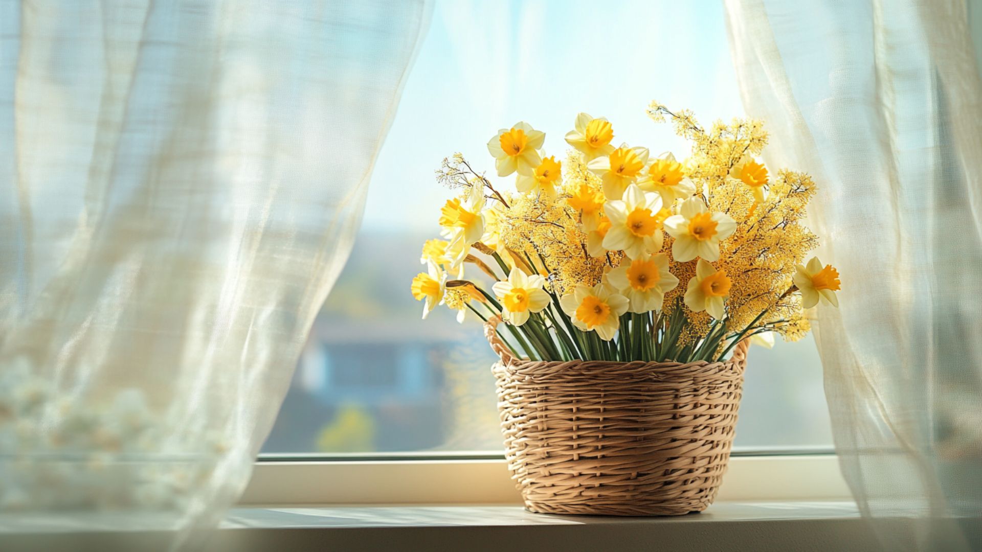 Composition florale de jonquilles jaunes et mimosa