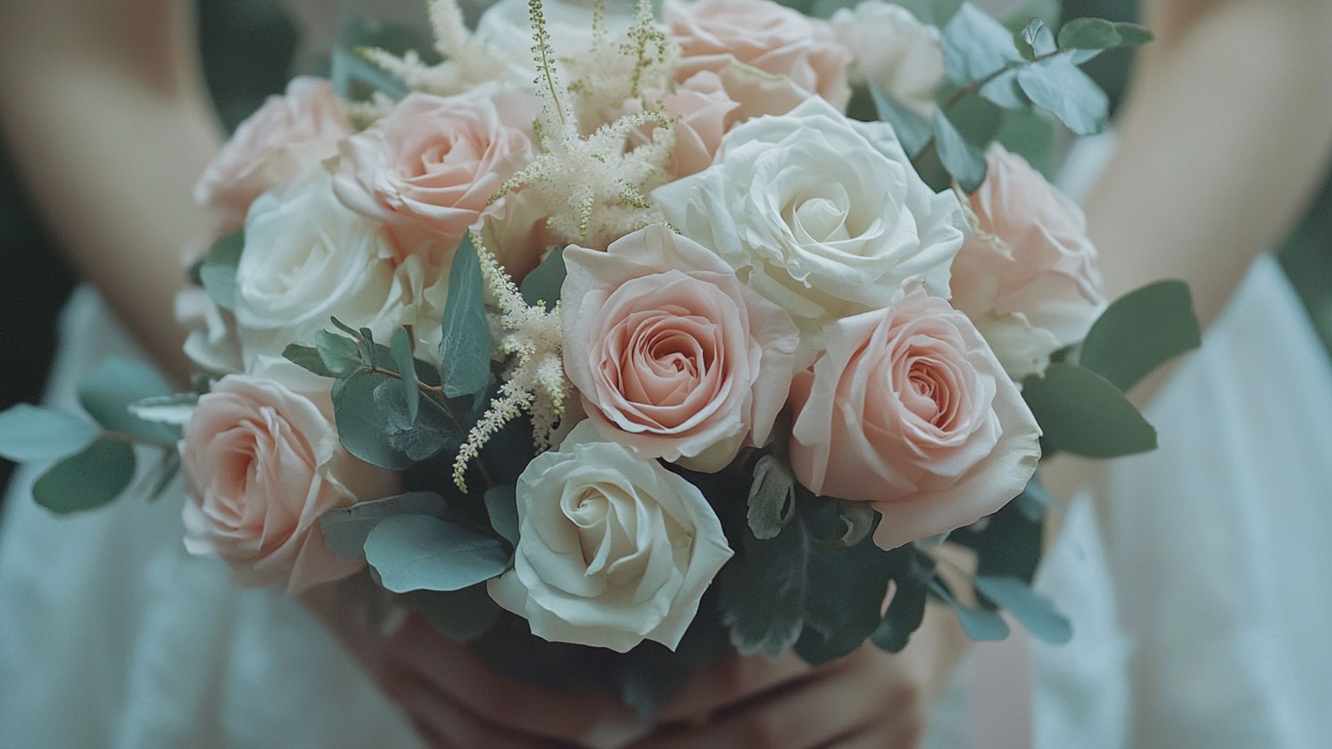 Bouquet de mariée romantique avec des roses et du feuillage délicat