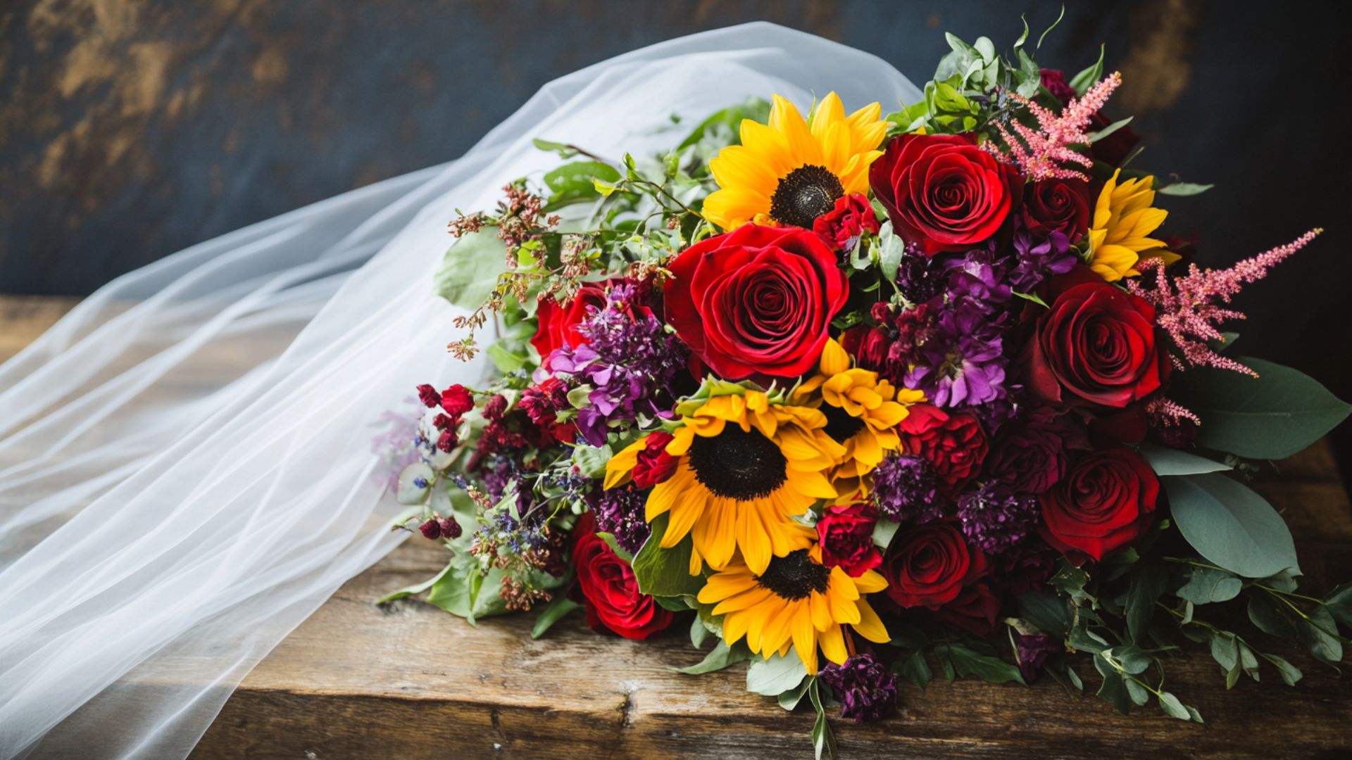 Composition florale de mariage aux couleurs audacieuses et contrastées