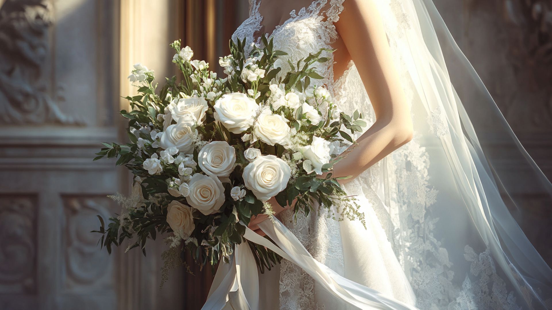 Mariée tenant un bouquet cascade romantique et élégant